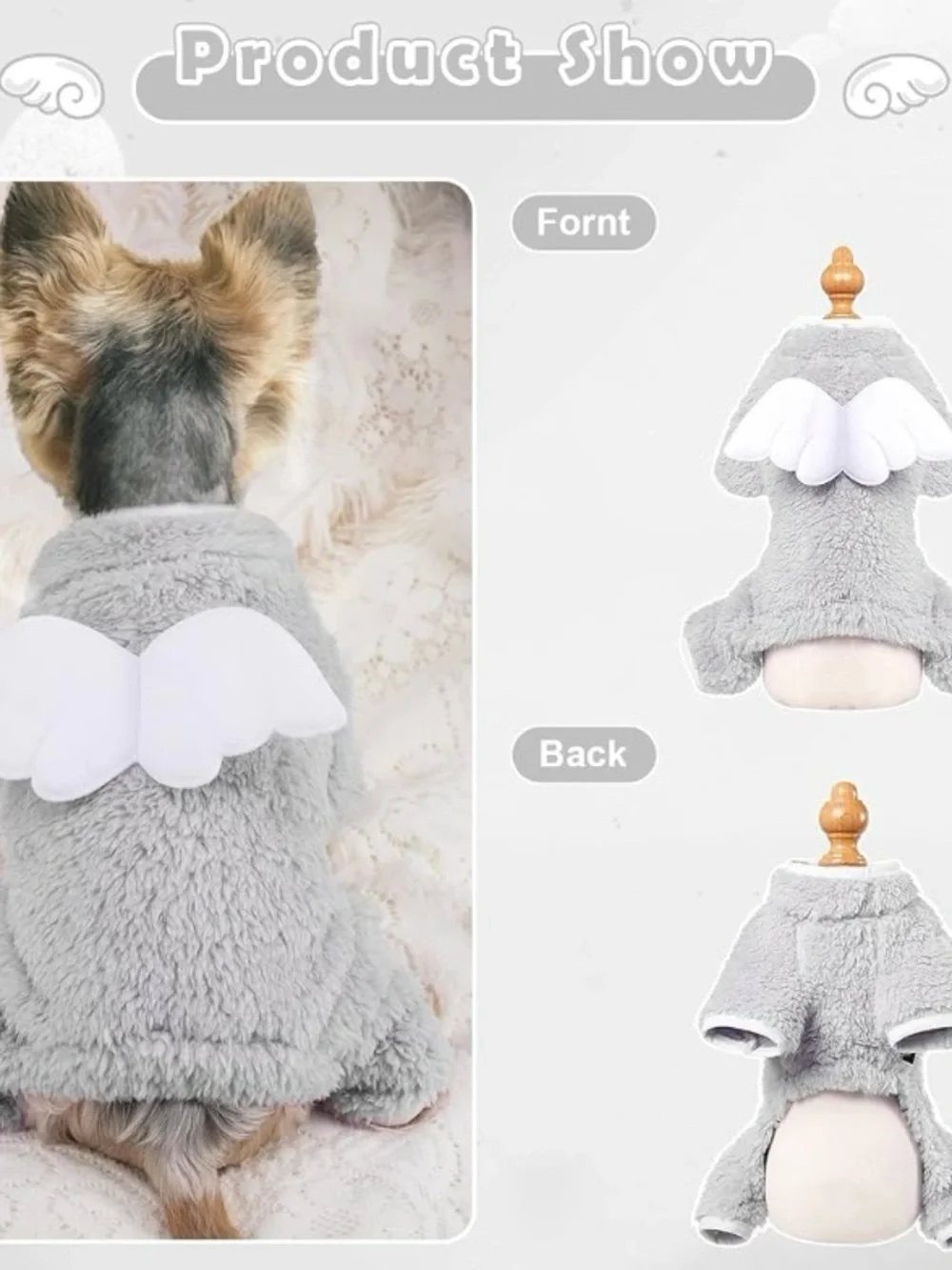 NWT Yikeyo Plush Grey Angel Wings Pet Onesie S L44